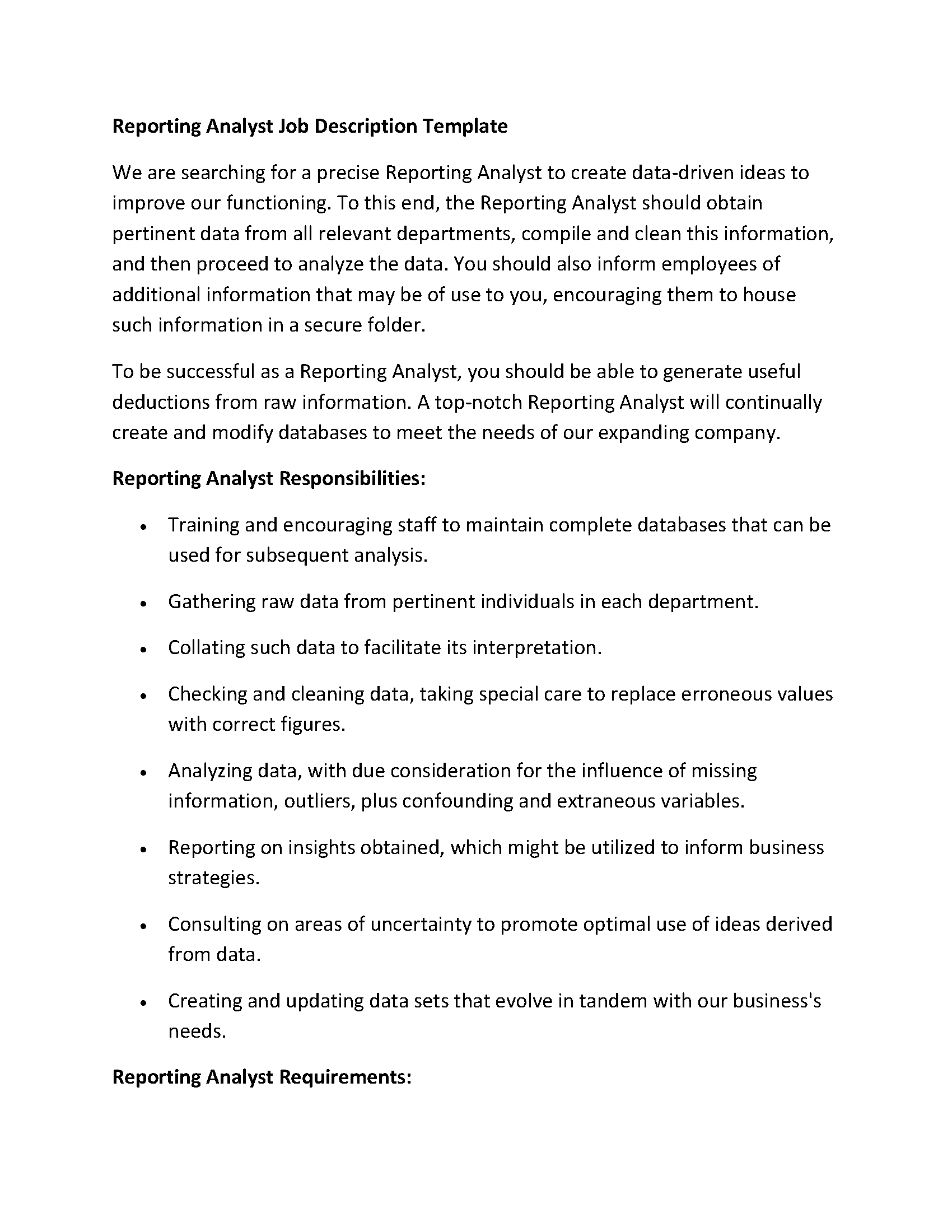 Reporting Analyst Job Description Template